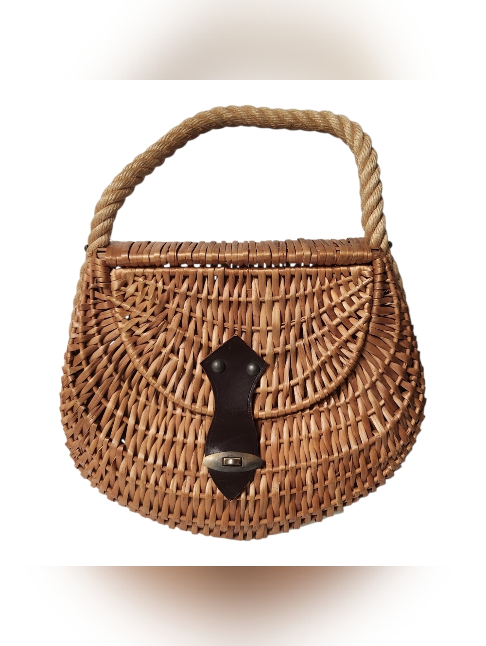 Farmhouse Fishing Creel Wicker Basket Handbag Leather Accents